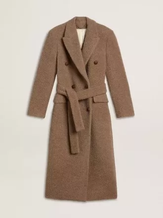 Abrigo cruzado de mujer en mezcla de lana beige