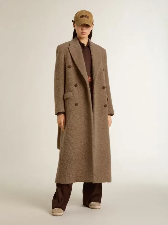 Abrigo cruzado de mujer en mezcla de lana beige