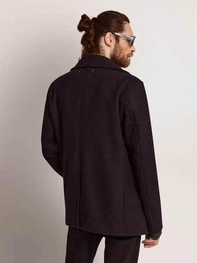 Abrigo cruzado para hombre en lana azul oscuro con botones dorados