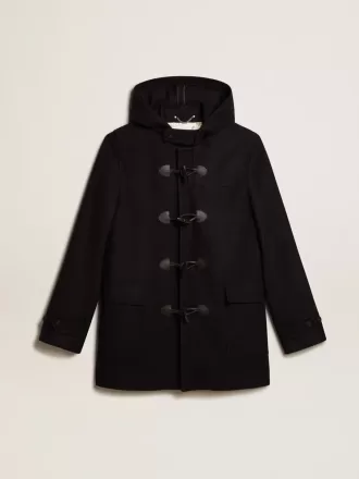 Abrigo de lana azul oscuro con capucha y cierre de toggle