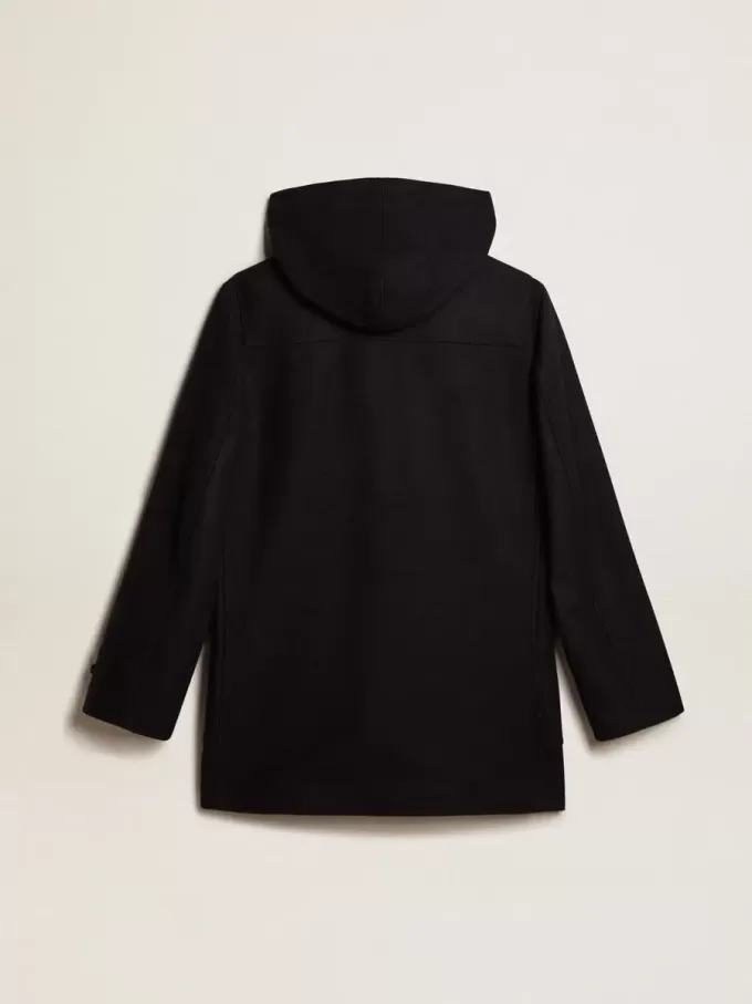 Abrigo de lana azul oscuro con capucha y cierre de toggle