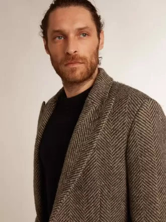 Abrigo de lana de botonadura sencilla para hombre con tejido en espiga beige y gris