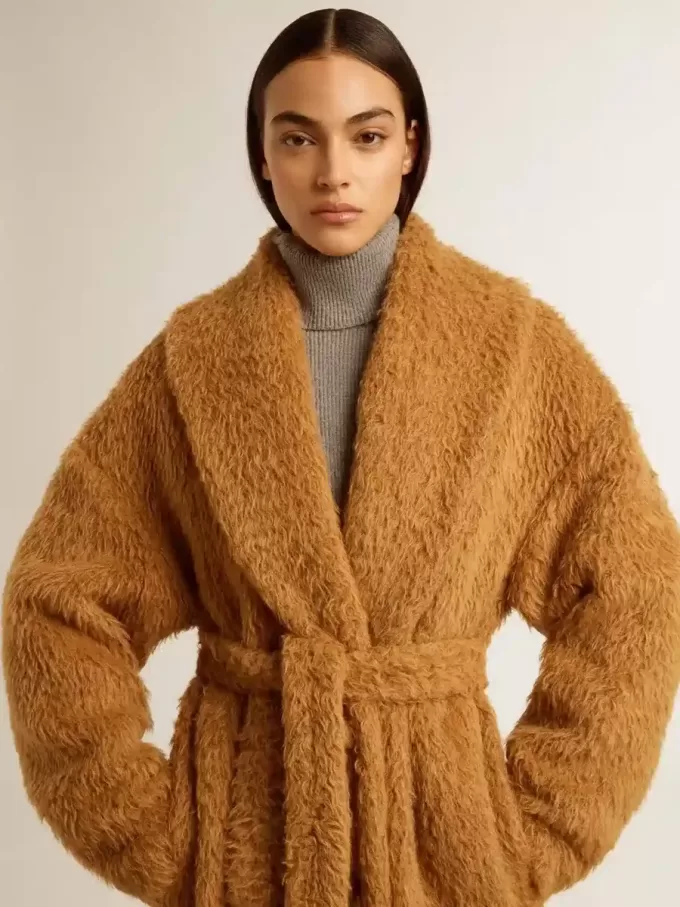Abrigo de mujer con cuello chal en color tabaco