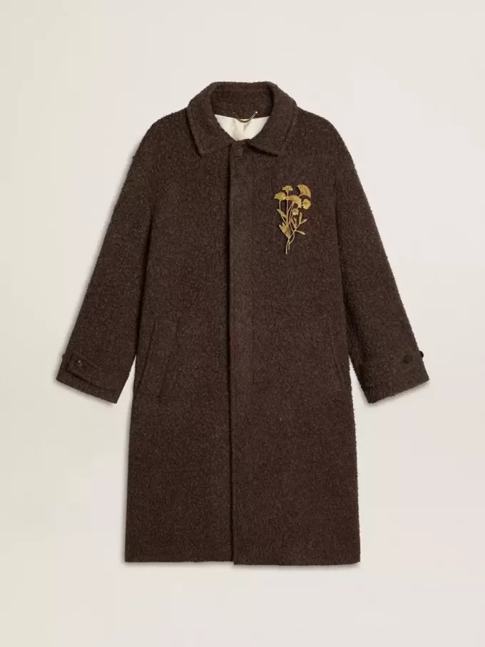 Abrigo Journey de botonadura sencilla para hombre, confeccionado en mezcla de lana arrugada con alfiler floral Abrigo Journey de botonadura sencilla para hombre, confeccionado en mezcla de lana arrugada con alfiler floral