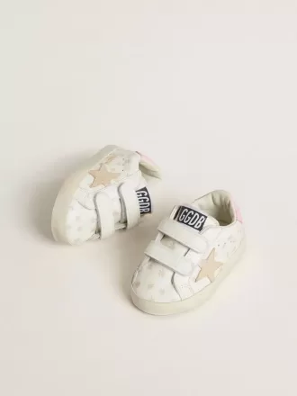 Baby School en napa con motivo de flores rosas y estrella de ante beige