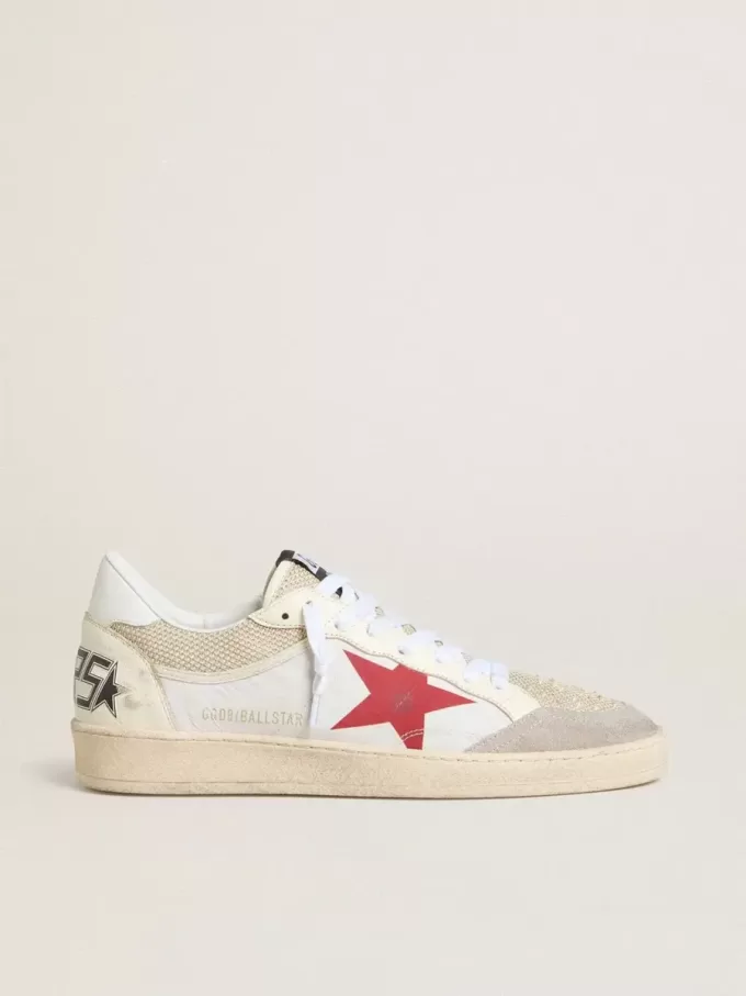 Ball Star en nailon y malla blanca con estrella de nailon roja y lengüeta del talón de piel blanca Ball Star en nailon y malla blanca con estrella de nailon roja y lengüeta del talón de piel blanca