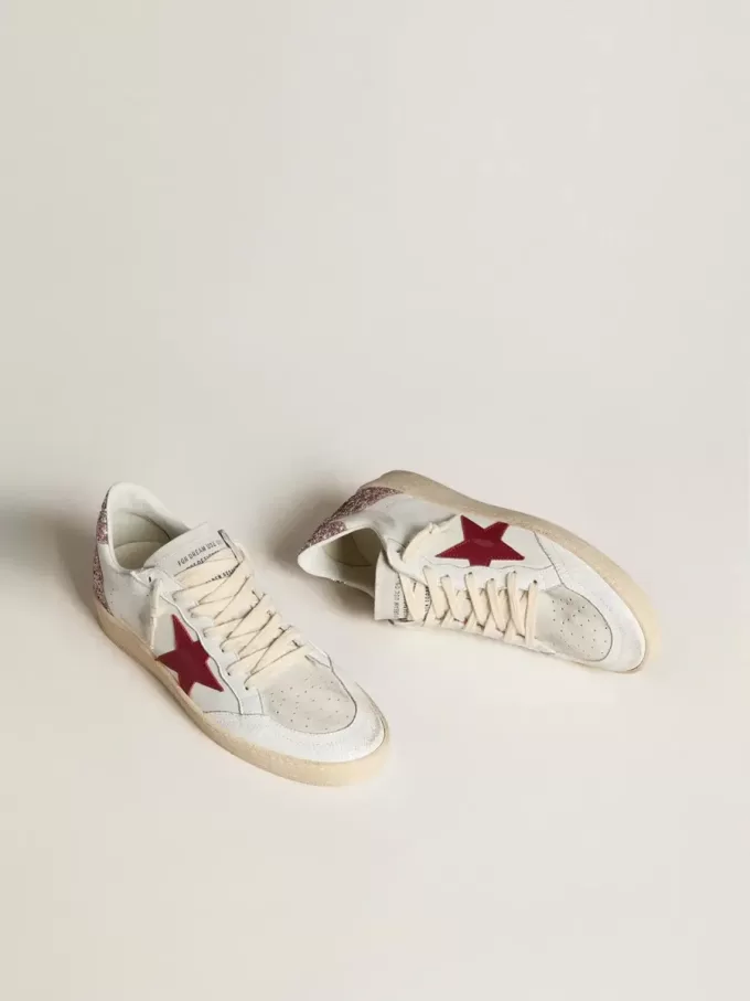 Ball Star LTD para mujer con estrella de cuero rojo y lengüeta del talón con purpurina rosa