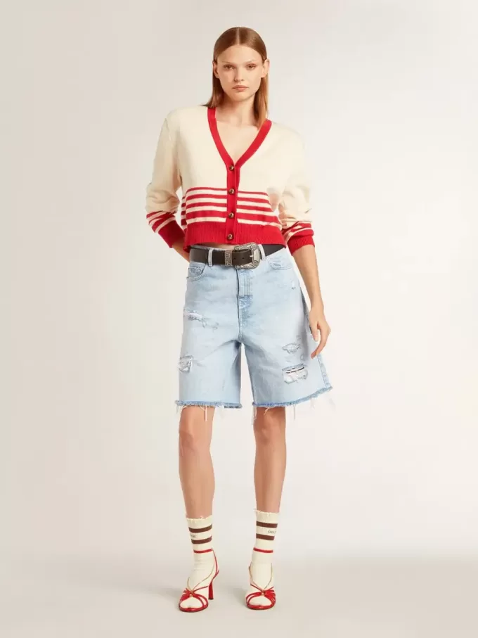 Bermudas de mujer en denim con efecto desgastado Bermudas de mujer en denim con efecto desgastado