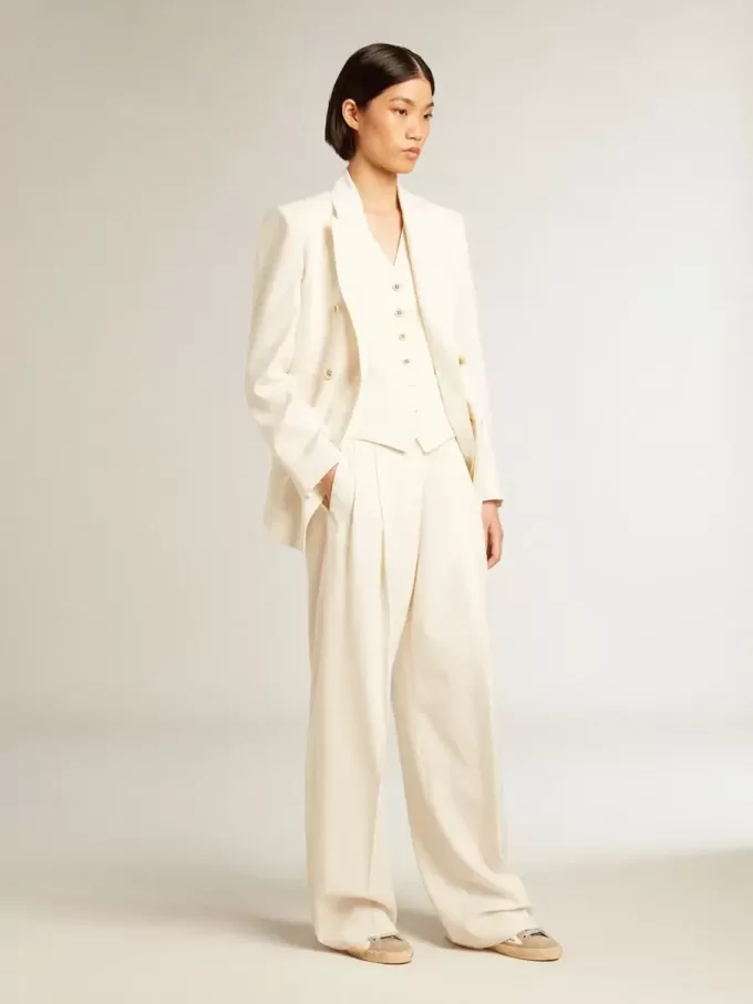 Blazer blanco envejecido de doble botonadura para mujer