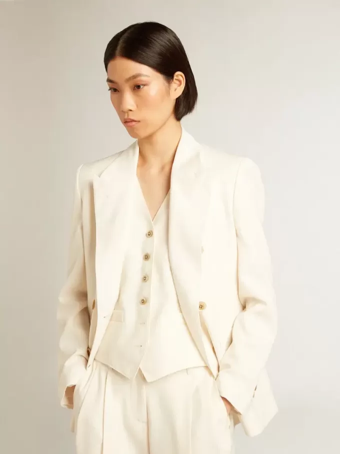 Blazer blanco envejecido de doble botonadura para mujer