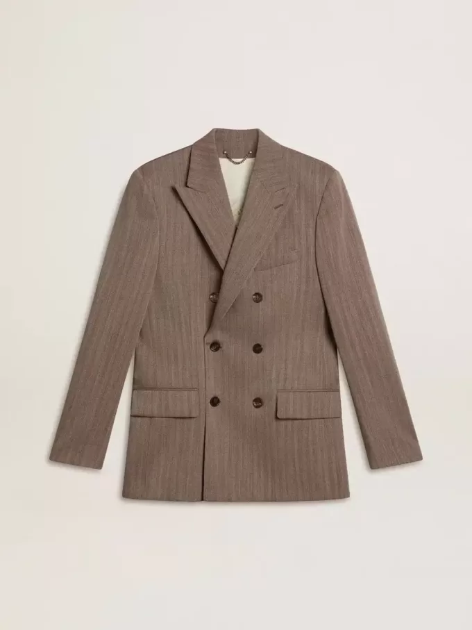 Blazer cruzado de lana mezclada con diseño chevron en color beige para hombre