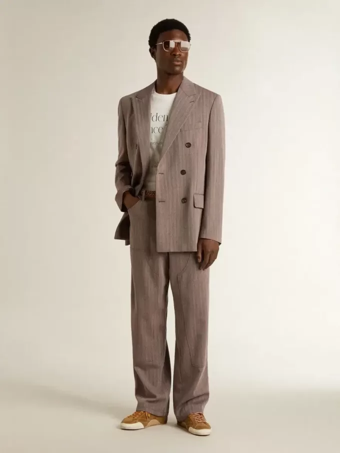 Blazer cruzado de lana mezclada con diseño chevron en color beige para hombre