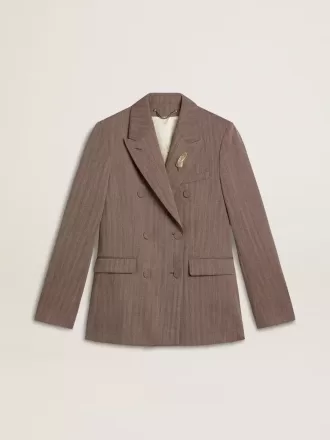 Blazer cruzado de mujer en mezcla de lana beige con diseño chevron