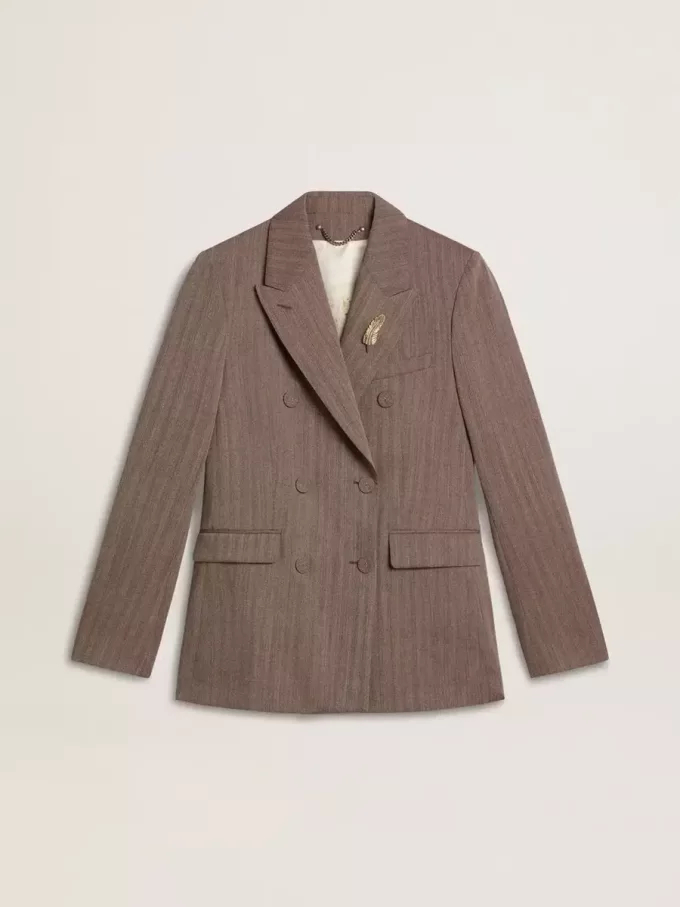 Blazer cruzado de mujer en mezcla de lana beige con diseño chevron