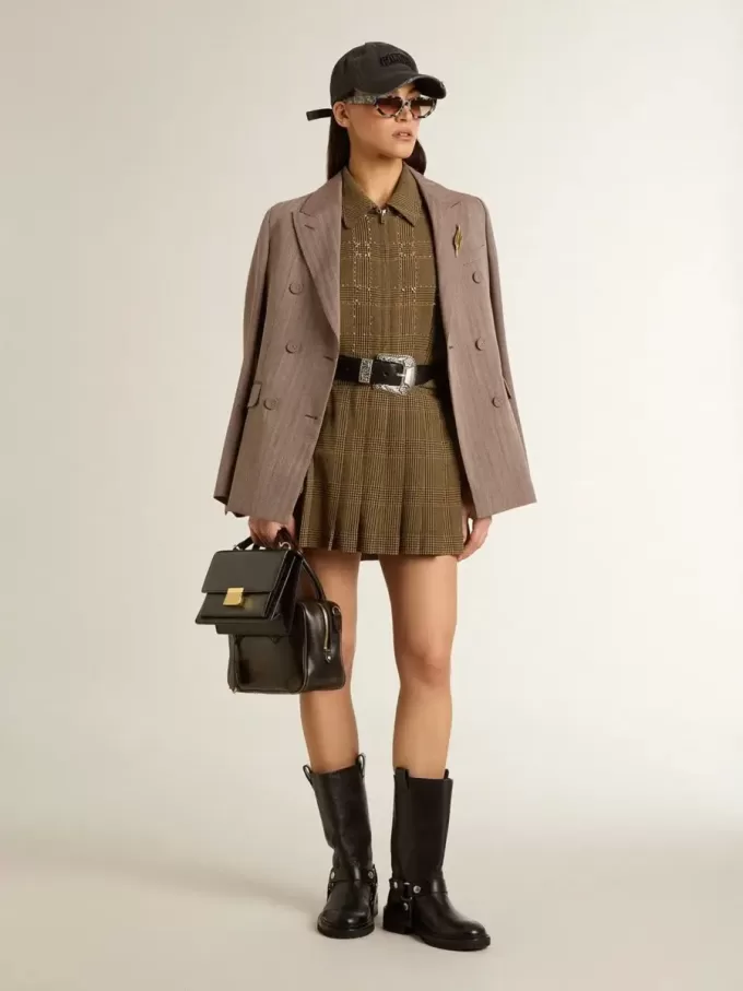 Blazer cruzado de mujer en mezcla de lana beige con diseño chevron