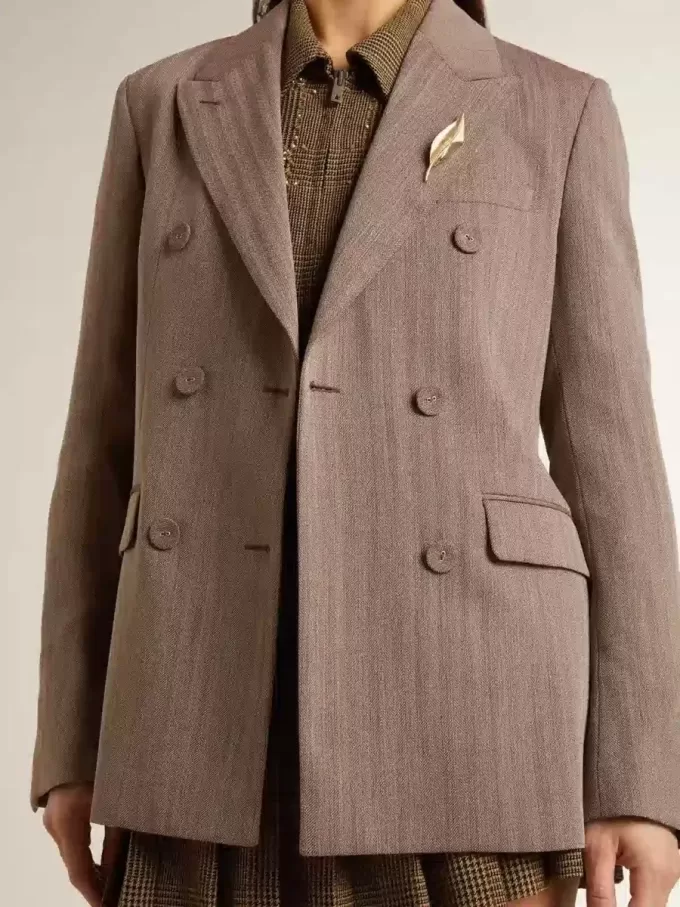 Blazer cruzado de mujer en mezcla de lana beige con diseño chevron