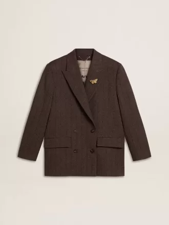 Blazer de doble botonadura para mujer en lana marrón oscuro con diseño de rayas finas