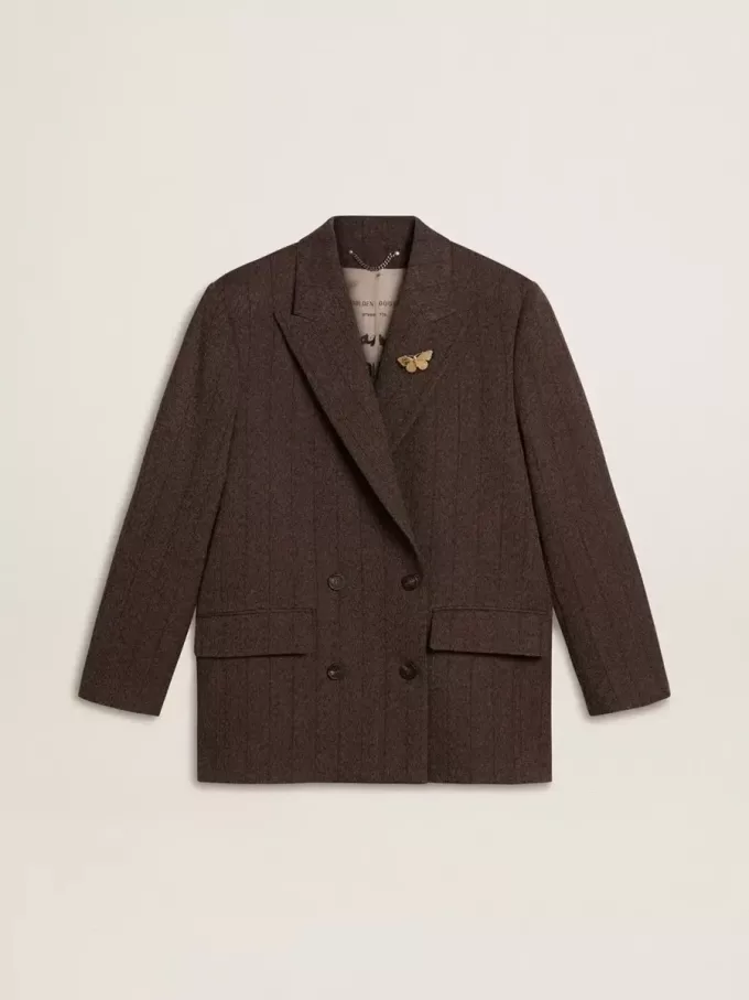 Blazer de doble botonadura para mujer en lana marrón oscuro con diseño de rayas finas