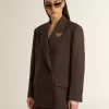 Blazer de doble botonadura para mujer en lana marrón oscuro con diseño de rayas finas