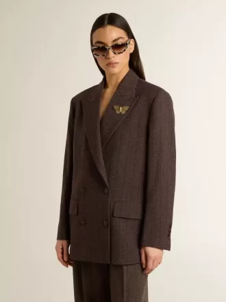 Blazer de doble botonadura para mujer en lana marrón oscuro con diseño de rayas finas