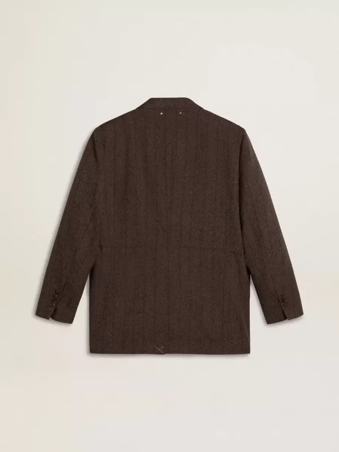 Blazer de doble botonadura para mujer en lana marrón oscuro con diseño de rayas finas