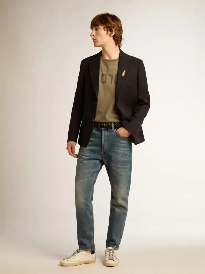 Blazer de hombre de una sola botonadura en gabardina de lana azul oscuro