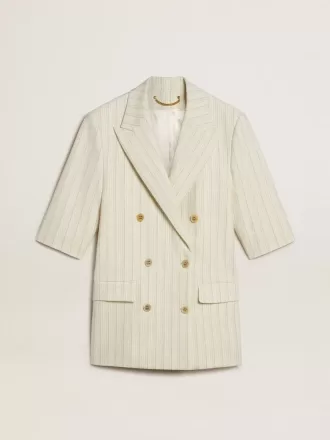 Blazer de mujer en mezcla de lana a rayas blancas y grises con mangas cortas.