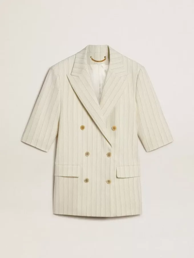 Blazer de mujer en mezcla de lana a rayas blancas y grises con mangas cortas.