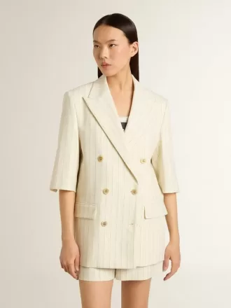 Blazer de mujer en mezcla de lana a rayas blancas y grises con mangas cortas.