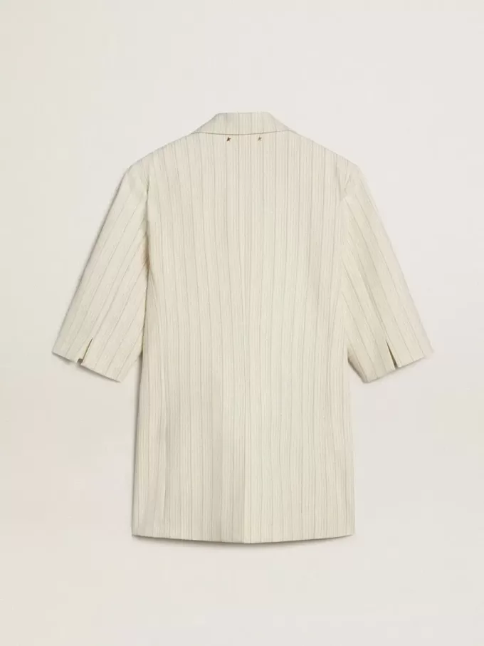 Blazer de mujer en mezcla de lana a rayas blancas y grises con mangas cortas.