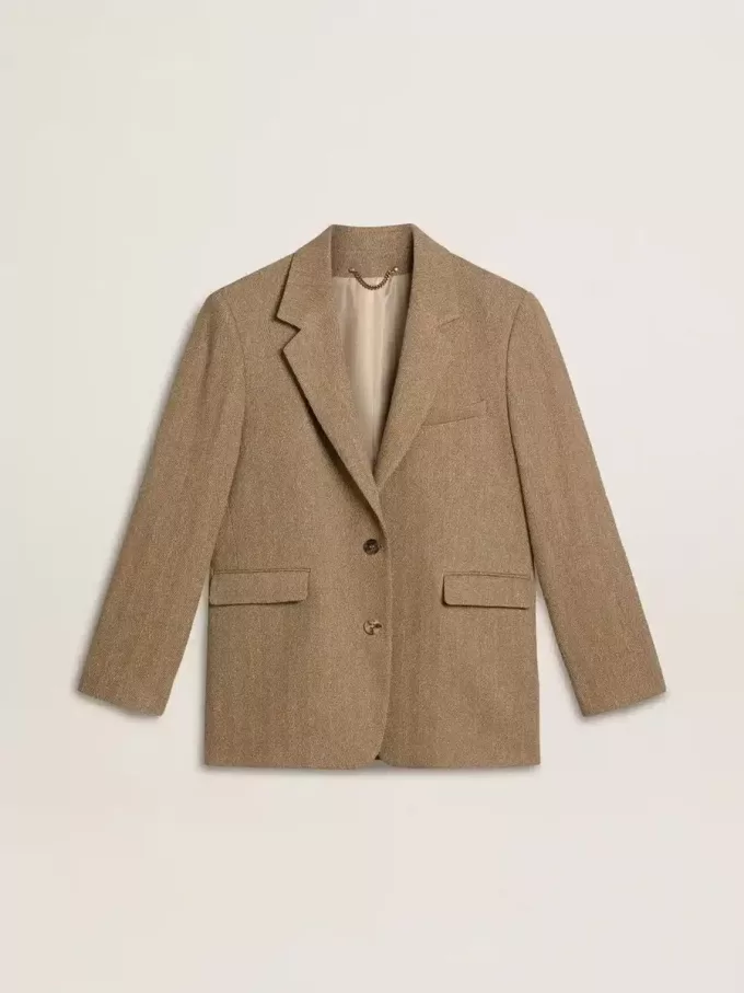 Blazer de una sola botonadura para mujer en color arena con diseño en espiga Blazer de una sola botonadura para mujer en color arena con diseño en espiga