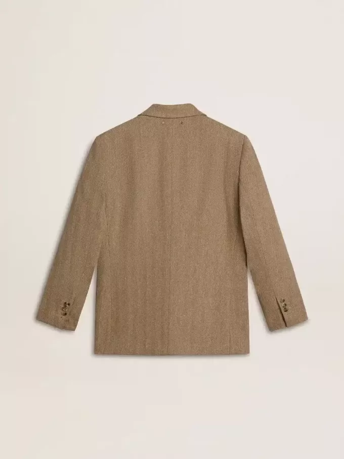 Blazer de una sola botonadura para mujer en color arena con diseño en espiga Blazer de una sola botonadura para mujer en color arena con diseño en espiga