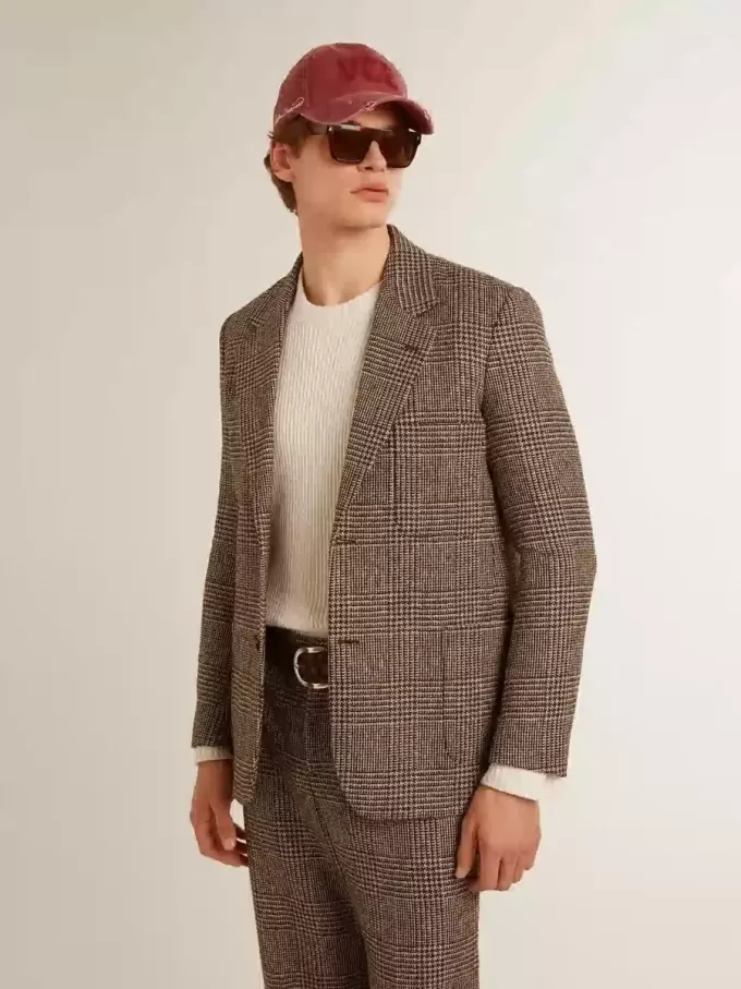 Blazer gris de botonadura sencilla para hombre en lana con estampado de pata de gallo