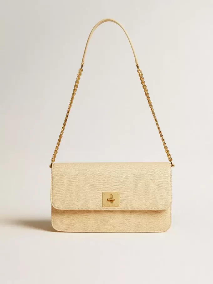 Bolso Gioia en piel de oveja color vainilla con detalles dorados