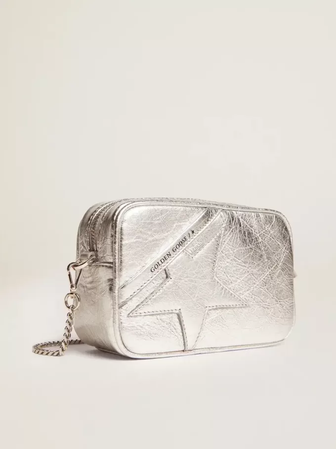 Bolso Mini Star para mujer en piel laminada plateada con estrella tono sobre tono Bolso Mini Star para mujer en piel laminada plateada con estrella tono sobre tono