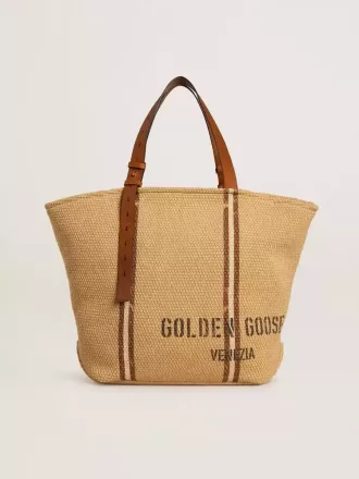 Bolso tote 24.7 en rafia natural y piel marrón con detalles metálicos dorados