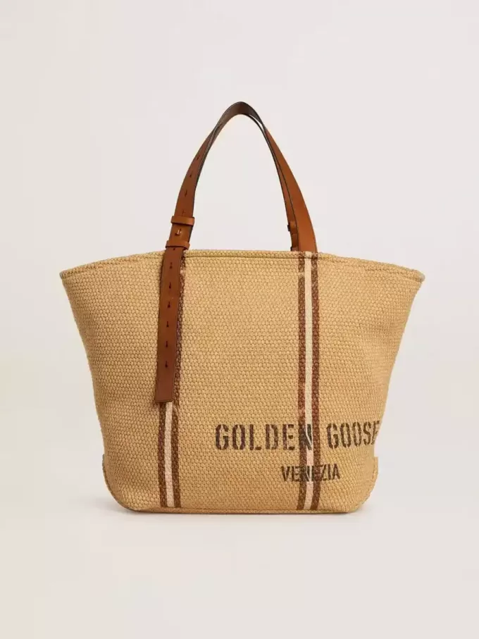 Bolso tote 24.7 en rafia natural y piel marrón con detalles metálicos dorados
