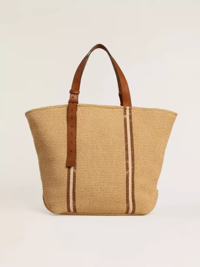 Bolso tote 24.7 en rafia natural y piel marrón con detalles metálicos dorados