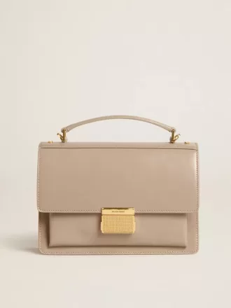 Bolso Venezia en piel beige con ribetes y detalles dorados