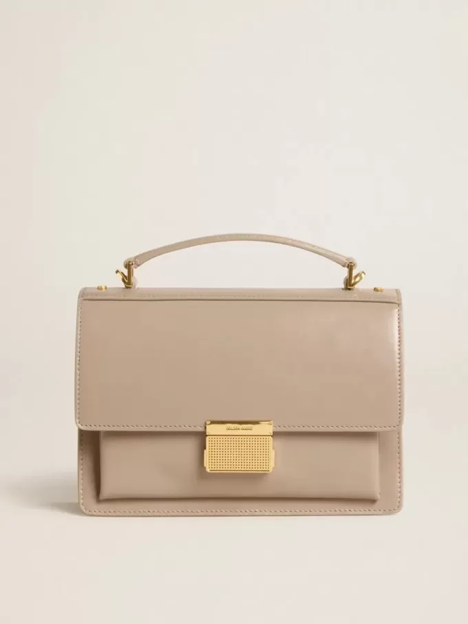 Bolso Venezia en piel beige con ribetes y detalles dorados