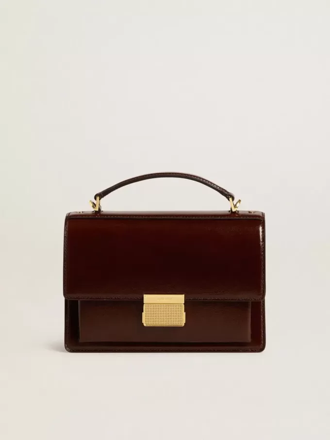 Bolso Venezia en piel laminada marrón oscuro con detalles dorados