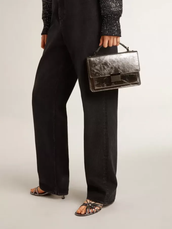 Bolso Venezia en piel metalizada gris antracita con detalles en negro