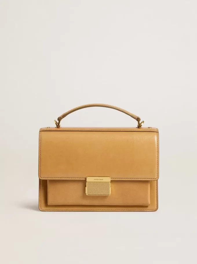 Bolso Venezia en piel repujada amarillo ocre con detalles dorados