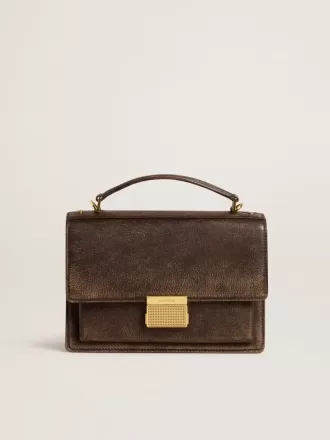 Bolso Venezia en piel vintage marrón oscuro repujada con detalles dorados