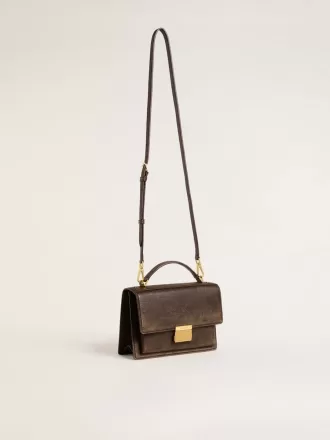 Bolso Venezia en piel vintage marrón oscuro repujada con detalles dorados