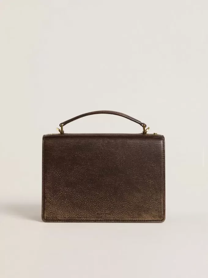 Bolso Venezia en piel vintage marrón oscuro repujada con detalles dorados