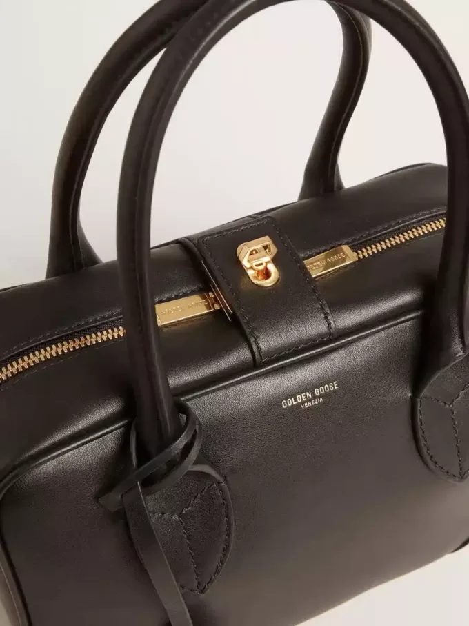 Bolso Vita en piel lisa negra con detalles dorados
