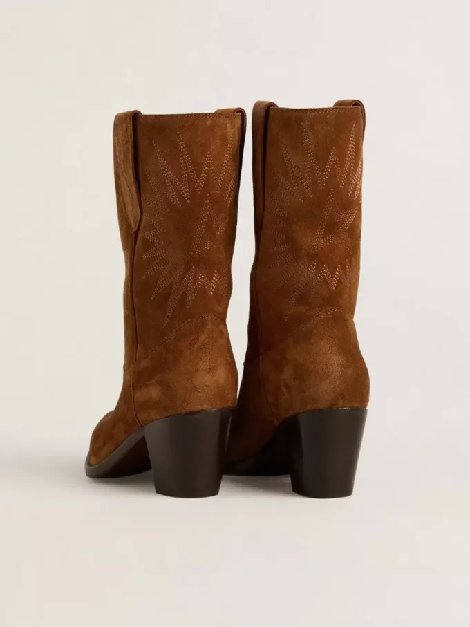 Botas bajas Wish Star para mujer en ante color coñac con bordado de estrellas