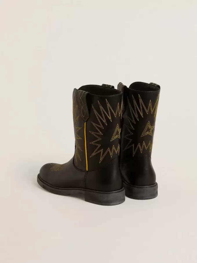 Botas Wish Junior de piel negra con estrellas amarillas bordadas