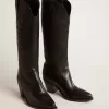 Botas Wish Star para mujer en piel negra con estrella bordada tono sobre tono Botas Wish Star para mujer en piel negra con estrella bordada tono sobre tono